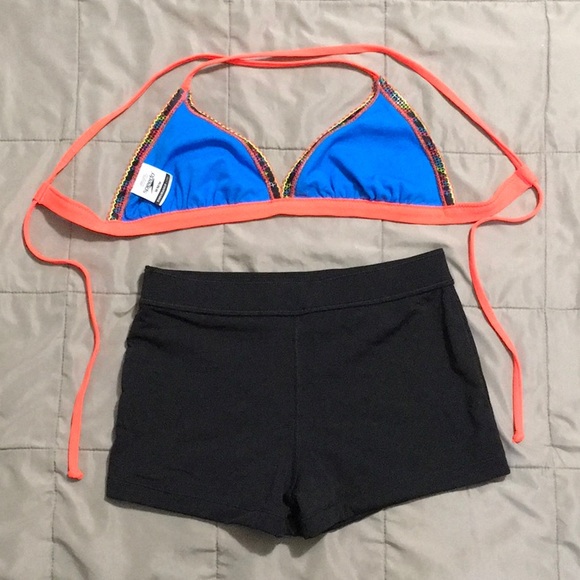 Speedo Endurance Lite Bikini Set, Orange/Black Triangle Top, Black Swim Shorts - Picture 2 of 4
